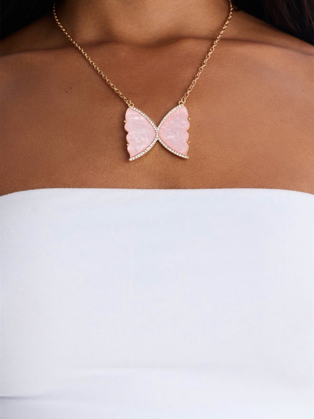 Pink Butterfly Pendant Necklace - Gold Chain